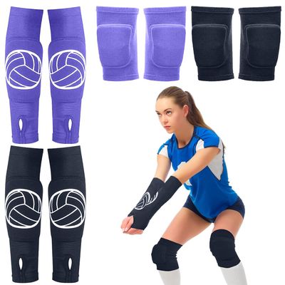 Sosation 2 Set Volleyball Knee Pads and Volleyball Arm Sleeves with Protection Pad Compression Forearm Wrist Guard with Thumb Hole Soft Breathable for Hitting Passing(Black, Purple)