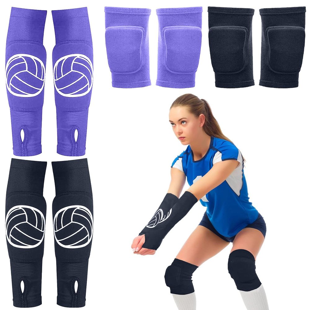 Sosation 2 Set Volleyball Knee Pads and Volleyball Arm Sleeves with Protection Pad Compression Forearm Wrist Guard with Thumb Hole Soft Breathable for Hitting Passing(Black, Purple)