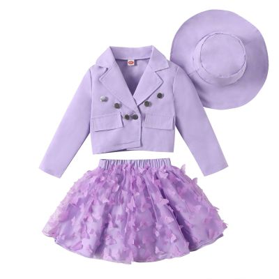 AMIMOJY Toddler Girls Suit Spring Autume Lapel Button Up Coat Long Sleeve Tops Butterfly Mesh Short Skirt Sun Hat 3Pcs Set, Purple