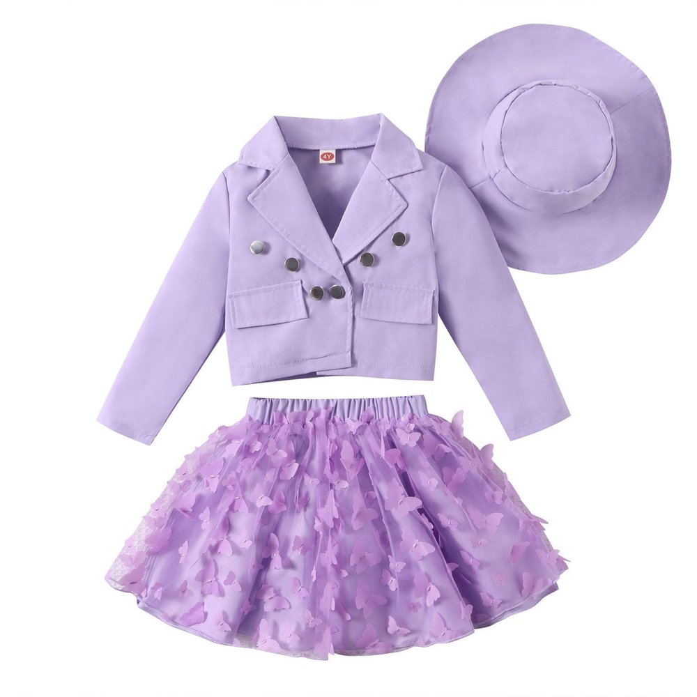 AMIMOJY Toddler Girls Suit Spring Autume Lapel Button Up Coat Long Sleeve Tops Butterfly Mesh Short Skirt Sun Hat 3Pcs Set, Purple
