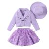 AMIMOJY Toddler Girls Suit Spring Autume Lapel Button Up Coat Long Sleeve Tops Butterfly Mesh Short Skirt Sun Hat 3Pcs Set, Purple view 1