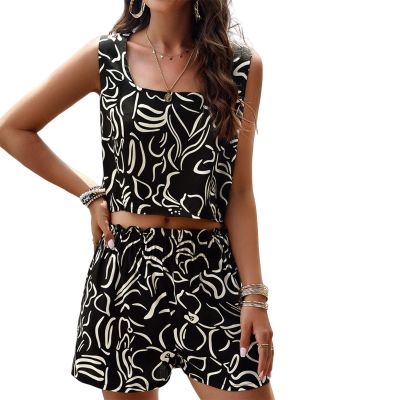 2024 Women's 2 Piece Outfits Sleeveless Floral Print Sports Suits Vest and Shorts Pants Club Party Casual Blazer Sets