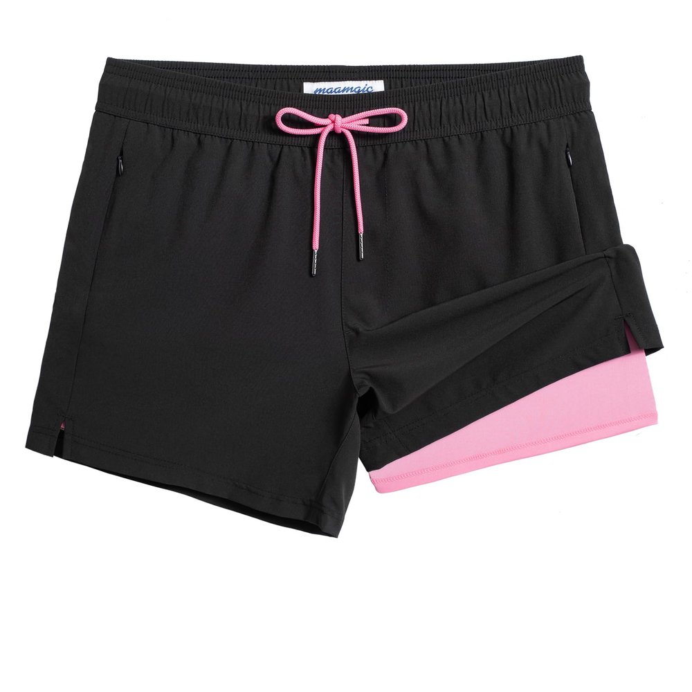 maamgic Mens Swim Trunks with Compression Liner Short Stretch Mens Bathing Suit Quick Dry Swimming Trunks Swimsuit Black Pink