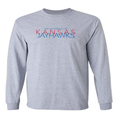 CornBorn Kansas Jayhawks Apparel Men Shirt - Long Sleeve Overlapping University of Kansas Jayhawks - Gray - Small