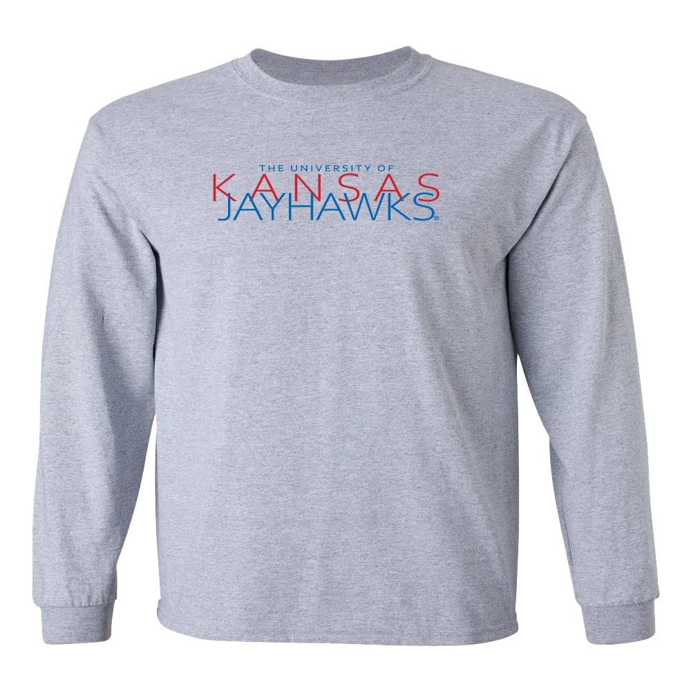 CornBorn Kansas Jayhawks Apparel Men Shirt - Long Sleeve Overlapping University of Kansas Jayhawks - Gray - Small