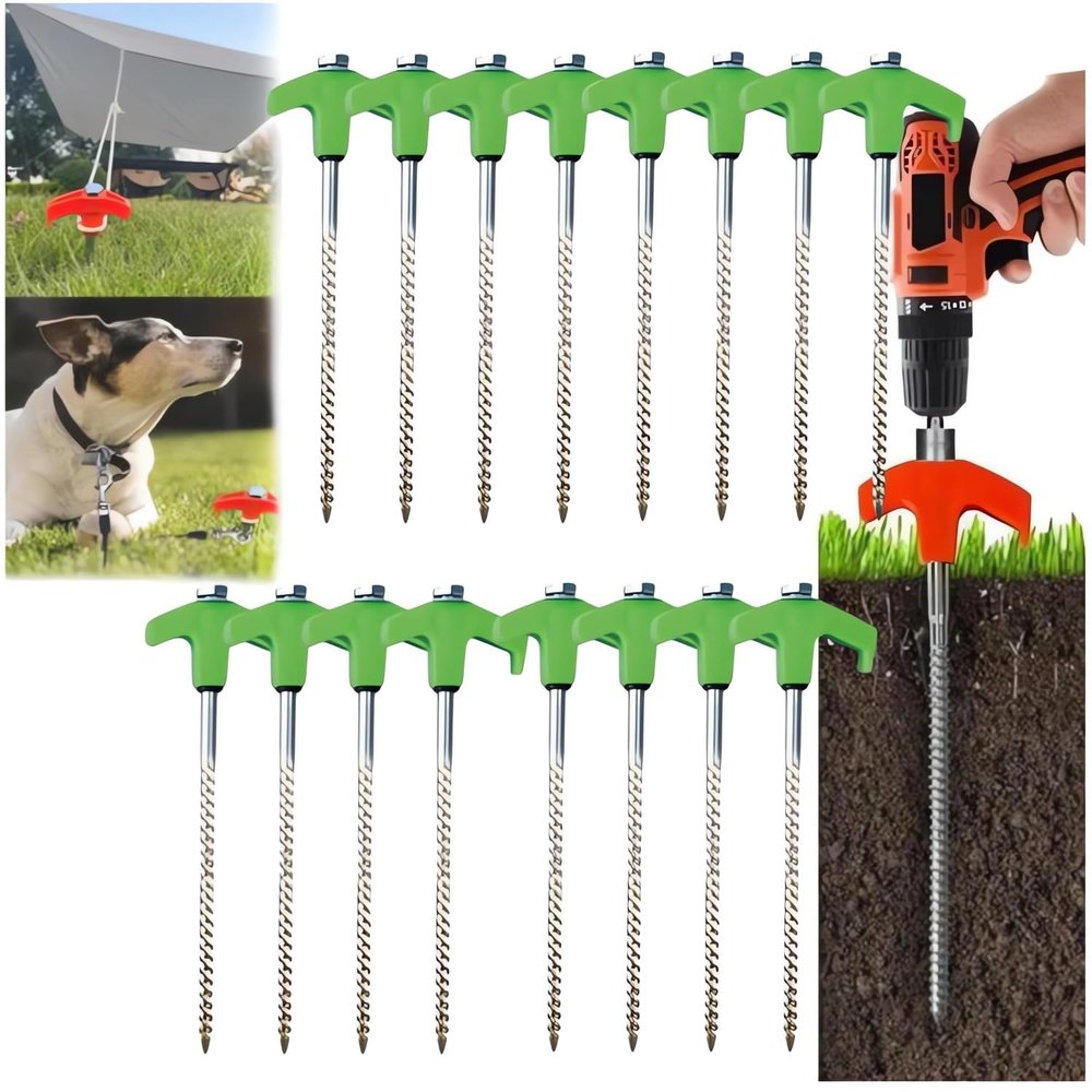 8" Screw in Tent Stakes - Ground Anchors Screw, 2024 New Screw in Tent Stakes Heavy Duty, Metal Threaded Tent Spikes, Tent Pegs Camping Stakes, Tent Stakes for Outdoor Camping (8, Green)