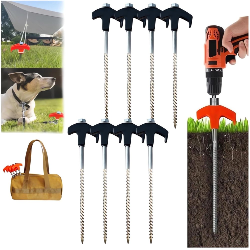 8" Screw in Tent Stakes - Ground Anchors Screw, 2024 New Screw in Tent Stakes Heavy Duty, Metal Threaded Tent Spikes, Tent Pegs Camping Stakes, Tent Stakes for Outdoor Camping (8, Black)