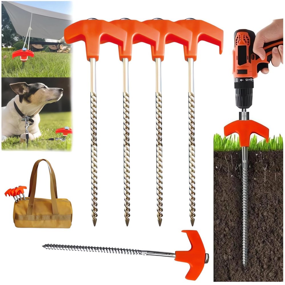 8" Screw in Tent Stakes - Ground Anchors Screw, 2024 New Screw in Tent Stakes Heavy Duty, Metal Threaded Tent Spikes, Tent Pegs Camping Stakes, Tent Stakes for Outdoor Camping (16, Red)