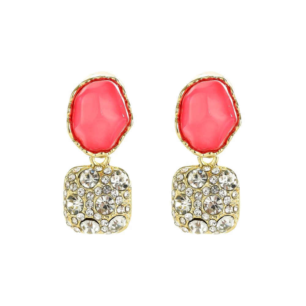 2PCS Women's Square Ear Clips Clip On Earrings,Non Pierced Earrings for Brides, Bridesmaids, Prom and Wedding (Pink Golden Ear Clips)