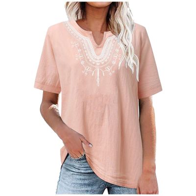 Mexican Embroidered Shirt for Women Summer Short Sleeve Ethnic Style Tops Boho Floral Print Dressy Blouse Loose Tunic