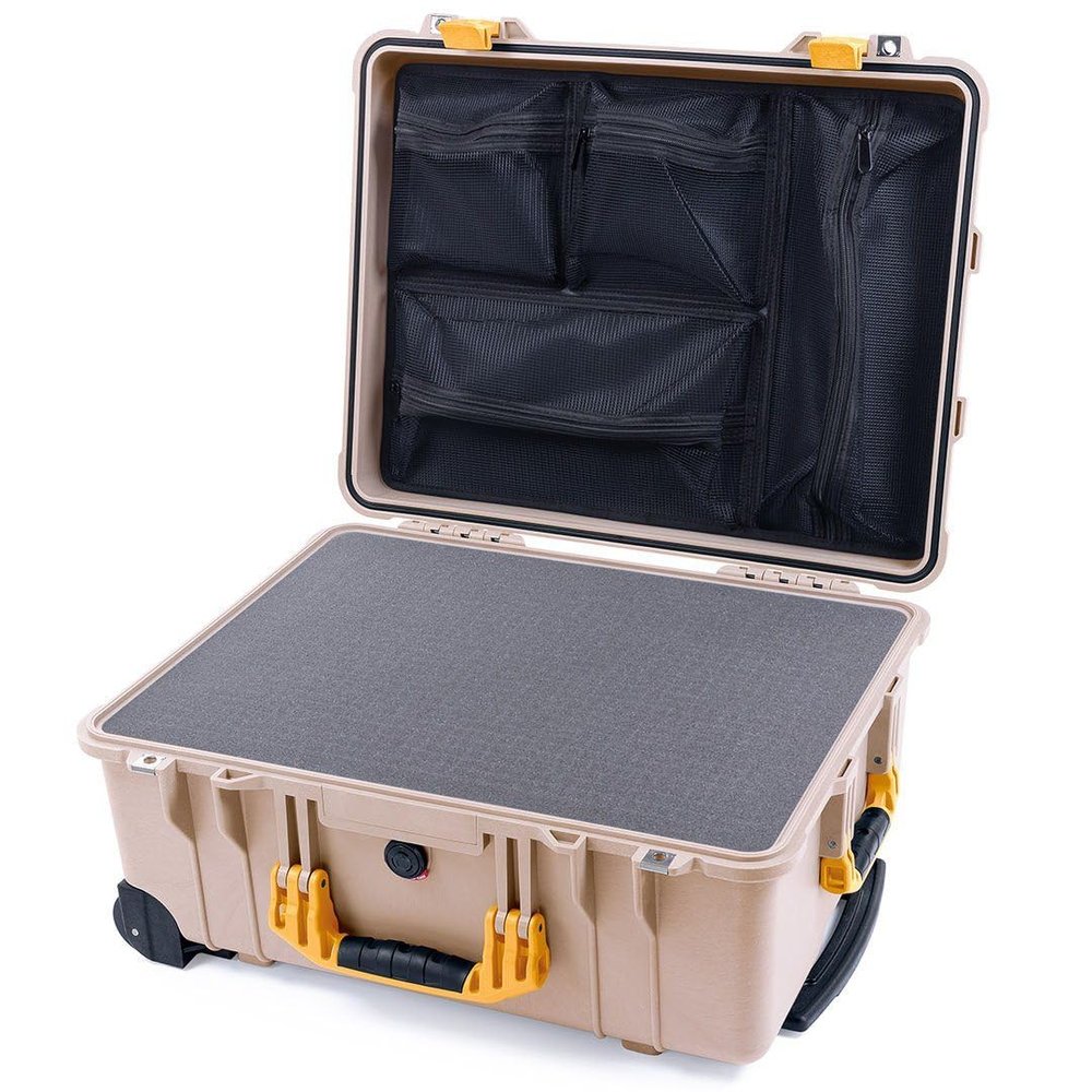 ColorCase Pelican Protector 1560 Case Desert Tan - Waterproof Case with Pick & Pluck Foam & Mesh Lid Organizer - Yellow Handles & Latches
