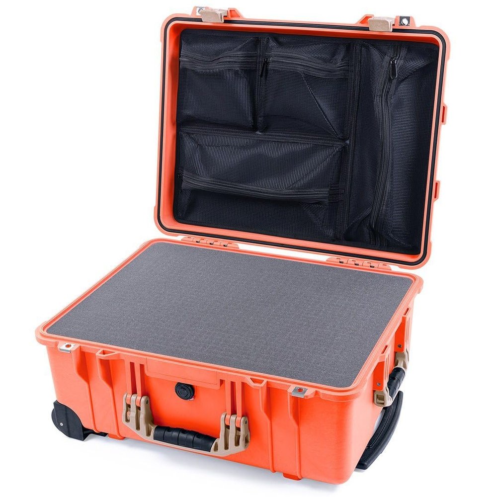 ColorCase Pelican Protector 1560 Case Orange - Waterproof Case with Pick & Pluck Foam & Mesh Lid Organizer - Desert Tan Handles & Latches
