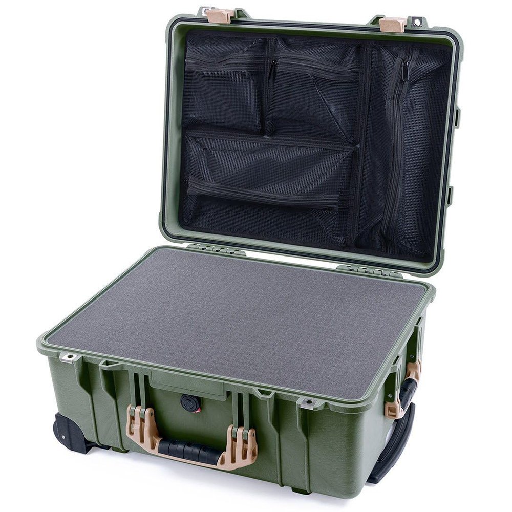 ColorCase Pelican Protector 1560 Case OD Green - Waterproof Case with Pick & Pluck Foam & Mesh Lid Organizer - Desert Tan Handles & Latches