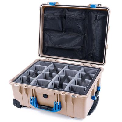 ColorCase Pelican Protector 1560 Case Desert Tan - Waterproof Case with Gray Padded Microfiber Dividers & Mesh Lid Organizer - Blue Handles & Latches