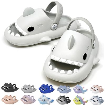 allgala Shark Slides Slippers with Backstrap Non-Slip Novelty Open Toe Sandals for Boys Girl Indoor Outdoor Comfy Cushioned Thick Sole Cute Cartoon Shower Slippers Beach Pool Shoes- Light Grey