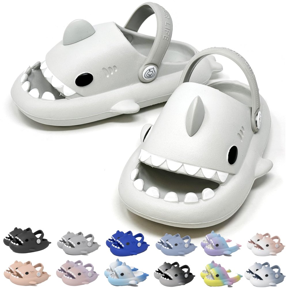 allgala Shark Slides Slippers with Backstrap Non-Slip Novelty Open Toe Sandals for Boys Girl Indoor Outdoor Comfy Cushioned Thick Sole Cute Cartoon Shower Slippers Beach Pool Shoes- Light Grey