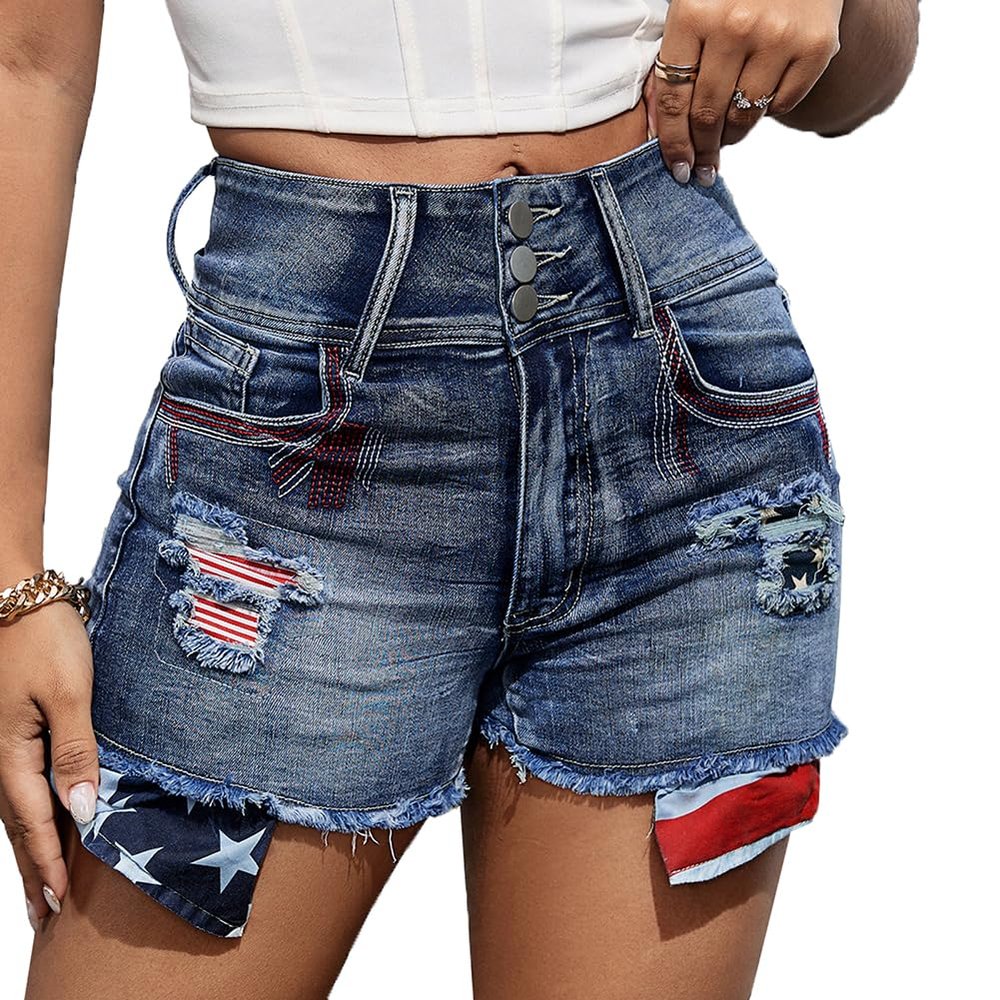 cffvdiz American Flag Denim Shorts for Women Sexy High Waist Ripped Distressed Jean Shorts,American Flag a,XS