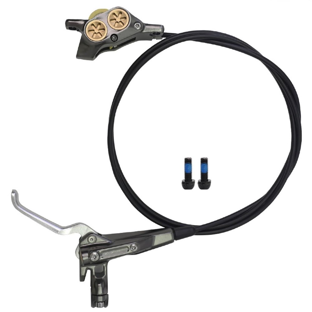 FukkeR Mountain Bikes Hydraulic Disc Brake Left Rear 1500mm Mountain Bikes Brakes With 4 Piston Caliper PM/is Adapter Fit 160/180mm Rotor Aluminum Lever For Ebike BMX XC, Gray, FukkeR001