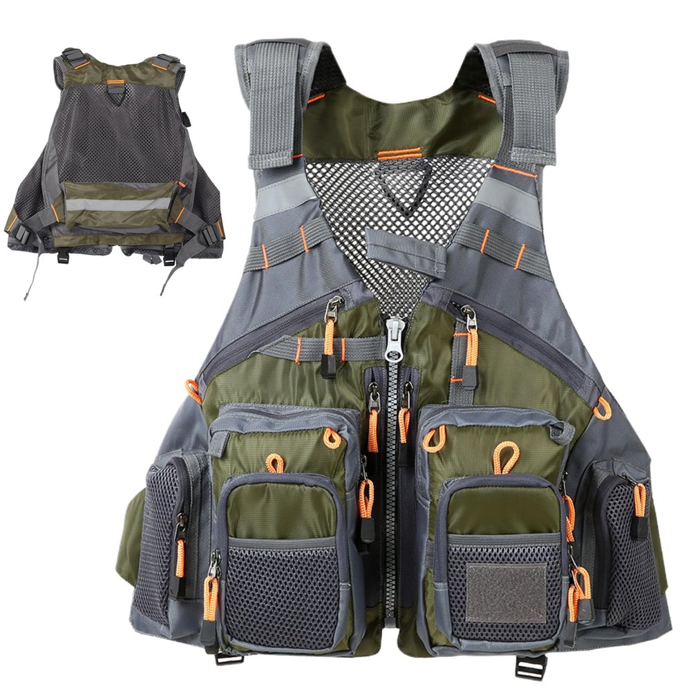 Peosaard Fishing Vests for Men with 13 Pockets Olive Green Breathable Mesh Fishing Vest with Reflective Stripes & Adjustable Straps Fly Fishing Vest, Average Size, Fishing Vests