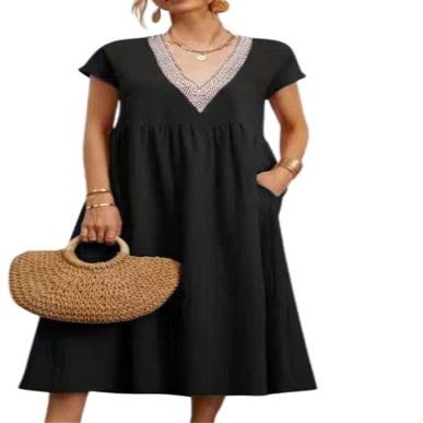LOAIHA Women's Short Sleeve V Neck Lace Trim Hem Cotton Linen Maxi Dresses Summer Loose Beach Dress for Women with Pockets Medium A Black
