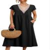 LOAIHA Women's Short Sleeve V Neck Lace Trim Hem Cotton Linen Maxi Dresses Summer Loose Beach Dress for Women with Pockets Medium A Black view 1