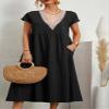 LOAIHA Women's Short Sleeve V Neck Lace Trim Hem Cotton Linen Maxi Dresses Summer Loose Beach Dress for Women with Pockets Medium A Black view 2