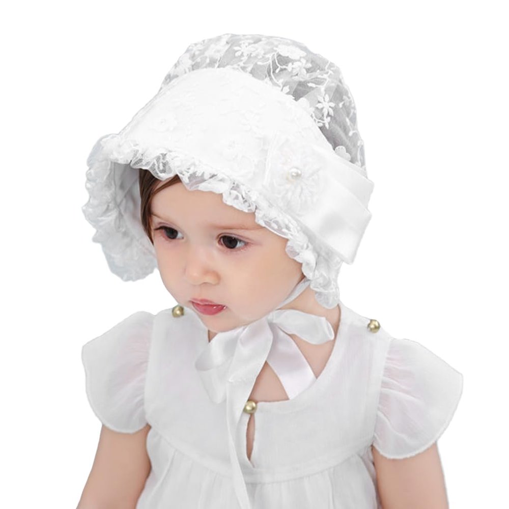 Baby Lace Bonnet Hat Floral Cotton Sun Hat Princess Eyelet Christening Bonnet for Toddler 0-24Months