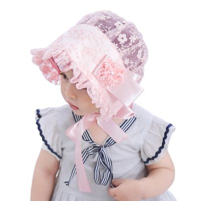 Baby Lace Bonnet Hat Floral Cotton Sun Hat Princess Eyelet Christening Bonnet for Toddler 0-24Months