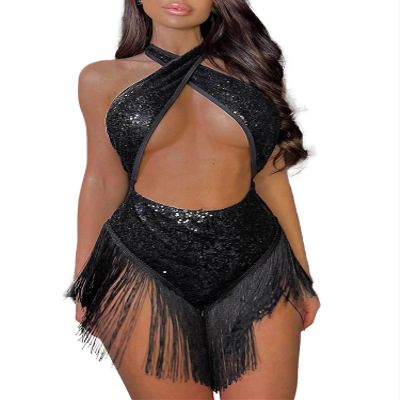 Agoky Women Tassel Salsa Latin Dance Leotard Sequin Fringe Flapper Bodysuits Dress Costume Black Large