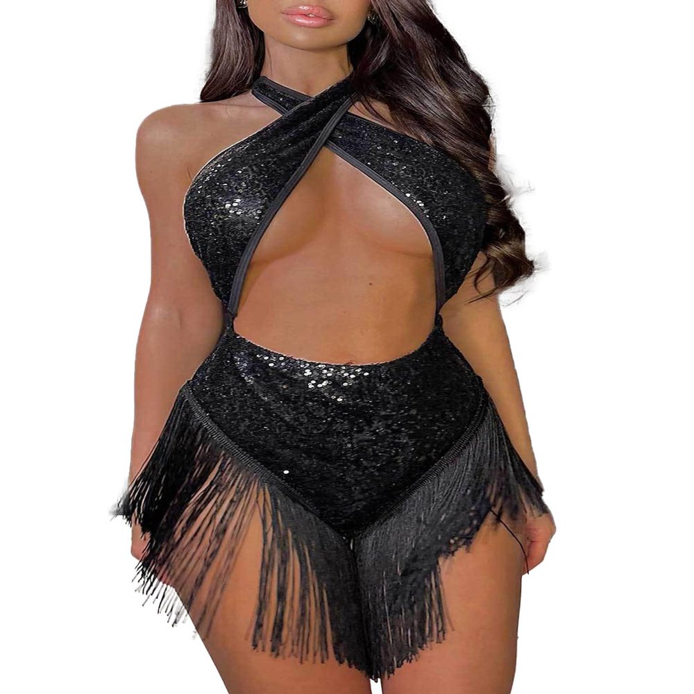 Agoky Women Tassel Salsa Latin Dance Leotard Sequin Fringe Flapper Bodysuits Dress Costume Black Large