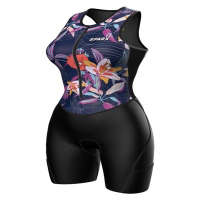 Sparx Women Triathlon Suit Tri Short Racing Cycling Swim Run (Leaf&Flower, XL)
