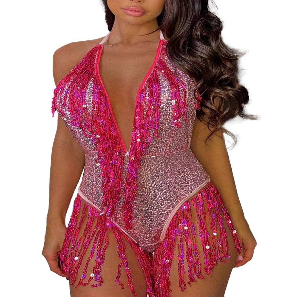 Zaldita Women's Shiny Sequins Tassel Latin Jazz Costume Leotard Backless Lyrical Dance Bodysuit Hot Pink Small