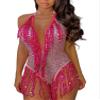 Zaldita Women's Shiny Sequins Tassel Latin Jazz Costume Leotard Backless Lyrical Dance Bodysuit Hot Pink Small view 1