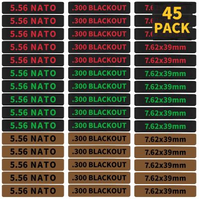 45 Pack Miaozhun Magazine Marking Bands, 5.56 NATO, .300 Blackout, 7.62x39mm Magazine Caliber Identification (Black and Coyote Brown Base)