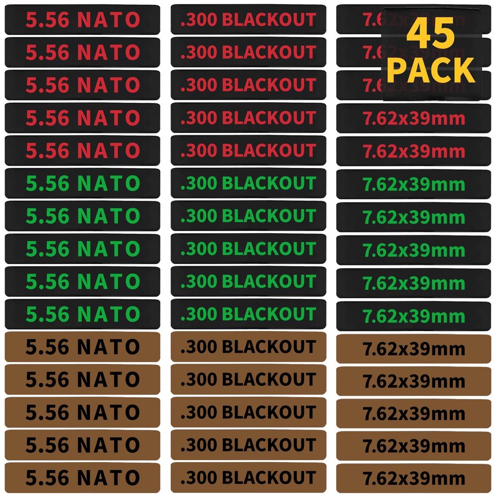 45 Pack Miaozhun Magazine Marking Bands, 5.56 NATO, .300 Blackout, 7.62x39mm Magazine Caliber Identification (Black and Coyote Brown Base)