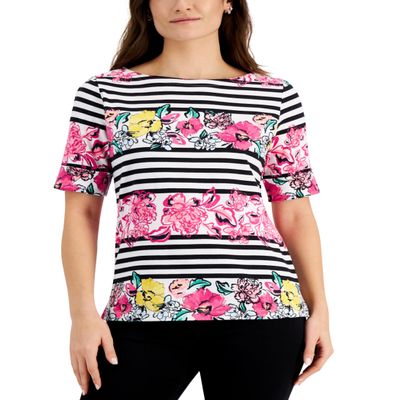 Karen Scott Petite Striped Floral-Print Top Pink White Combo PXS