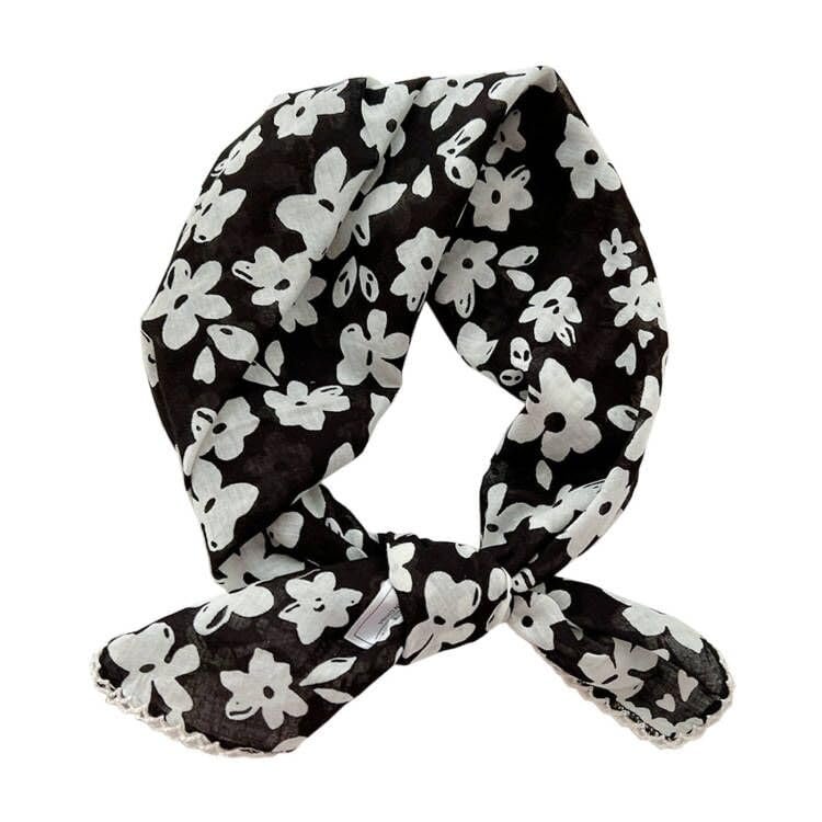 Pemilosci Large Cotton Bandana Headband, Head Wrap, Protective Coverage, Hair Neck Scarf for Women 28 x 28 inch (S24-White Flower-Black