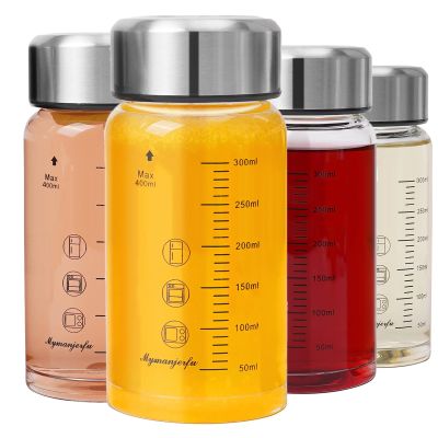 Glass Juice Bottles 4 Pack 12 oz - Wide Mouth Glass Water Bottles with Lids - for Juicing, Smoothies, Milk, Protein, BPA Free, Reusable, Stainless Steel Lids, Leak Proof, Shaker bottle (400 ml)