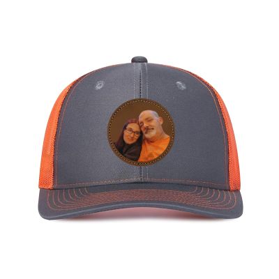 Generic Customized Leather Patch Truck Driver Men's and Women's Hat - Personalized Text and Photo UV Spray Printed Baseball Hat 45, Dark Gray With Orange Netting