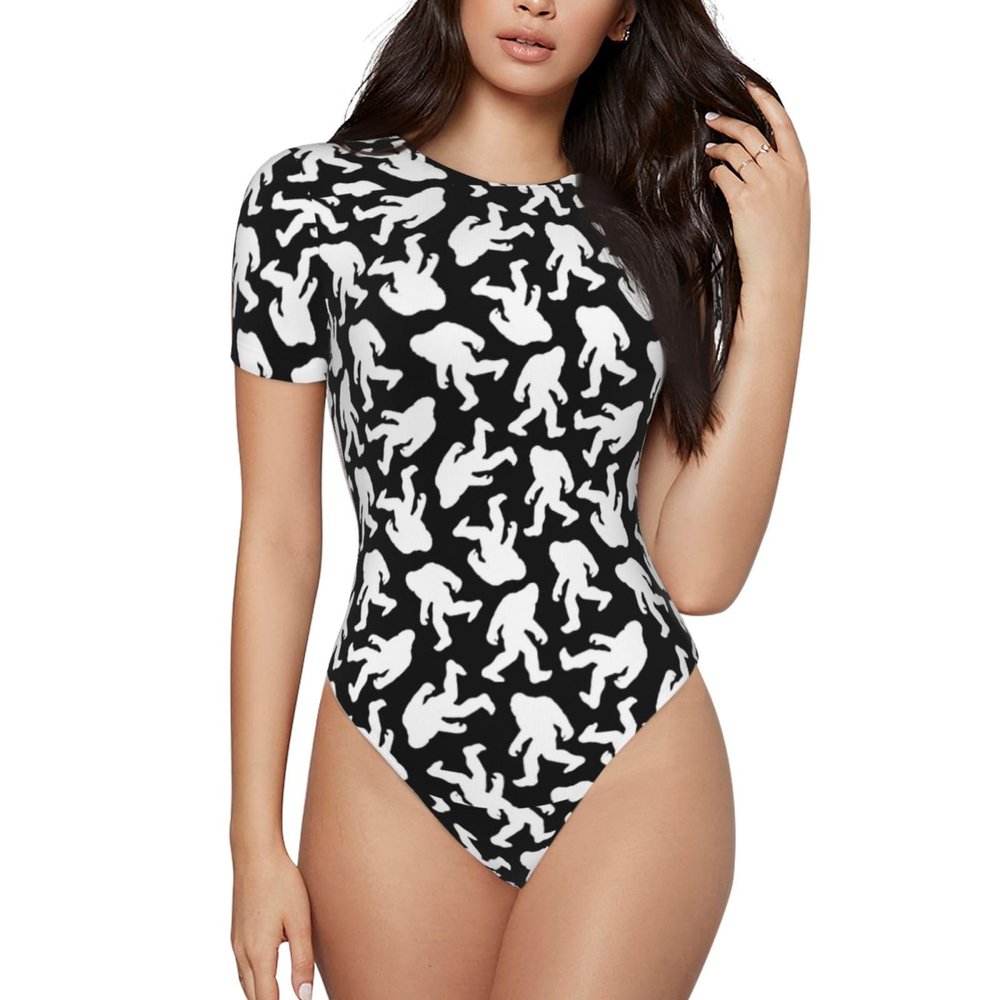 Bigf-Oot-Silhouettes-Hipster Women's Short-Sleeve Round Neck One-Piece Swimsuit Large Black