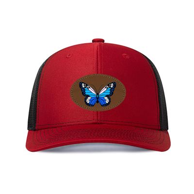 Generic Customized Leather Patch Truck Driver Men's and Women's Hat - Personalized Text and Photo UV Spray Printed Baseball Hat 03, Red With Black Mesh