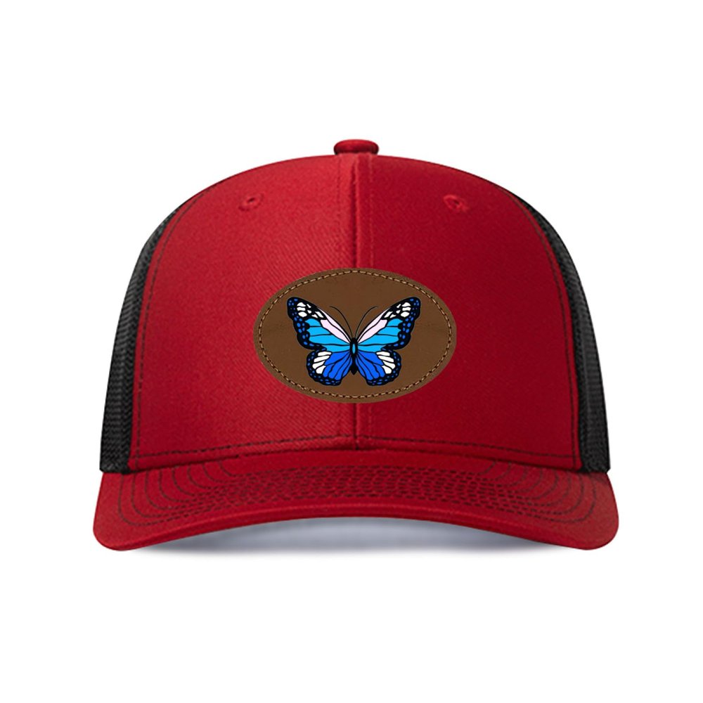 Generic Customized Leather Patch Truck Driver Men's and Women's Hat - Personalized Text and Photo UV Spray Printed Baseball Hat 03, Red With Black Mesh