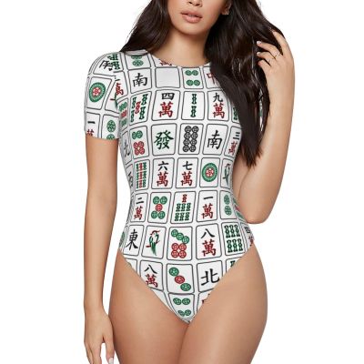 Augenstern Mahjong-China-Culture-Hipster Women's Short-Sleeve Round Neck One-Piece Swimsuit Medium Black