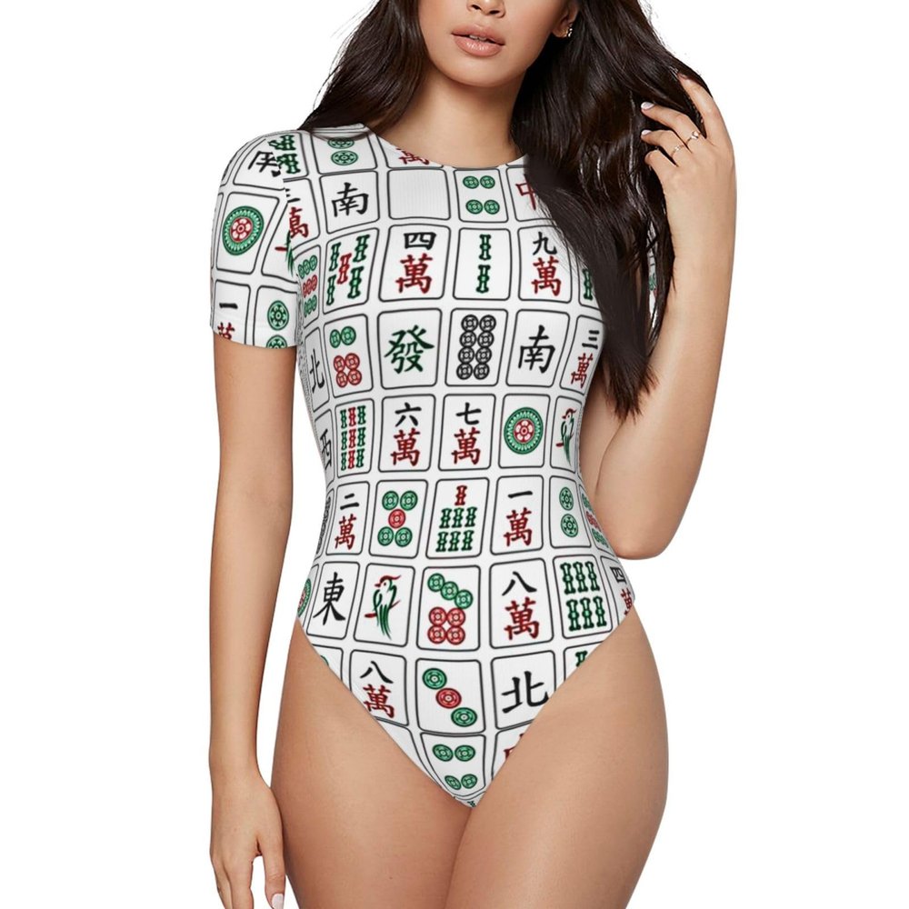 Augenstern Mahjong-China-Culture-Hipster Women's Short-Sleeve Round Neck One-Piece Swimsuit Medium Black