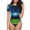 American-Football-Arena-Field Women's Short-Sleeve Round Neck One-Piece Swimsuit Large Black view 1