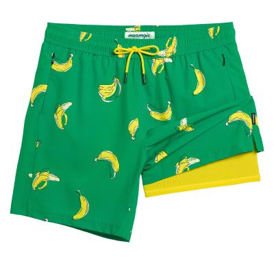 maamgic 2 in 1 Mens Swim Trunks 7 Inch Swim Shorts Swim Suits Board Shorts Falling Banana-Green Medium