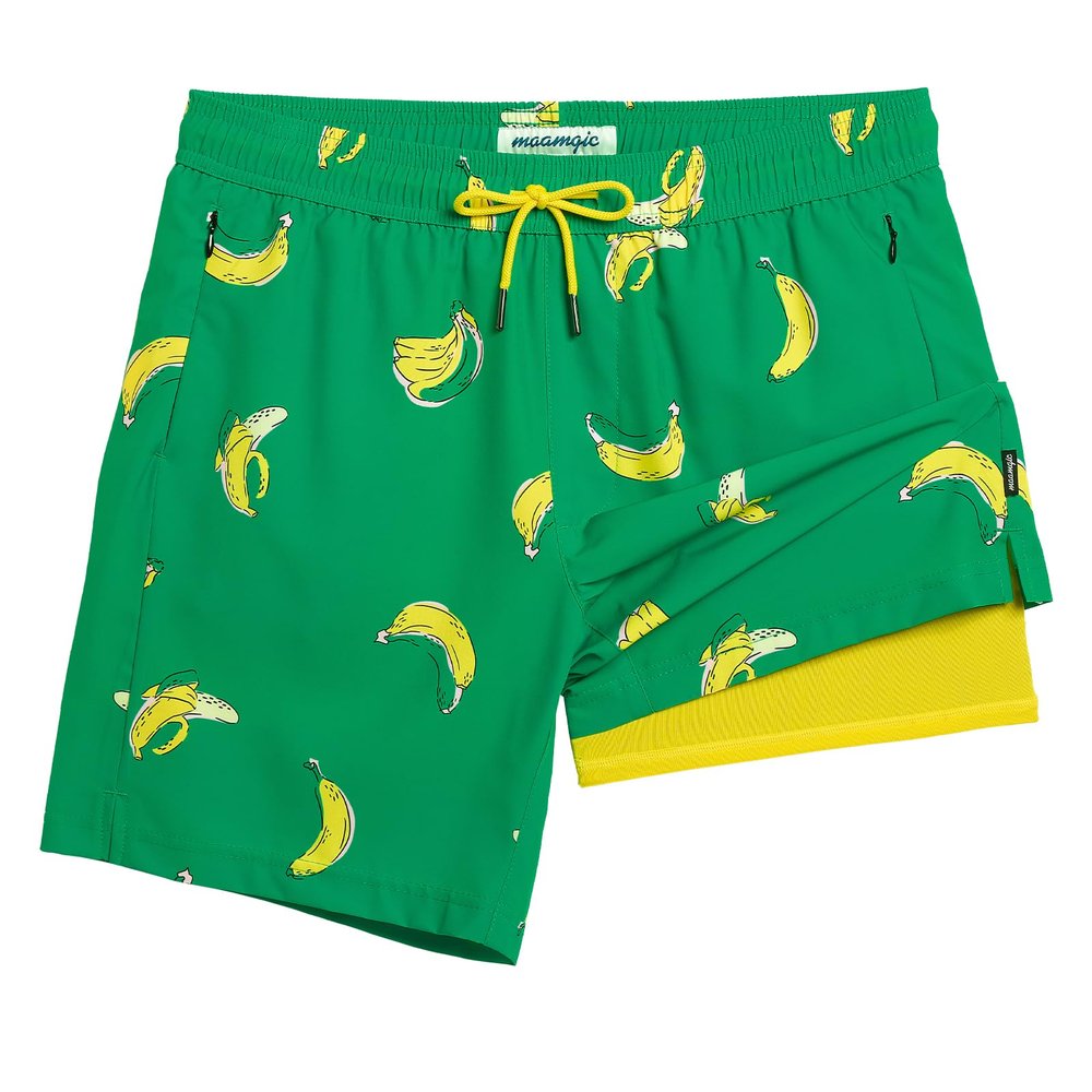 maamgic 2 in 1 Mens Swim Trunks 7 Inch Swim Shorts Swim Suits Board Shorts Falling Banana-Green Medium