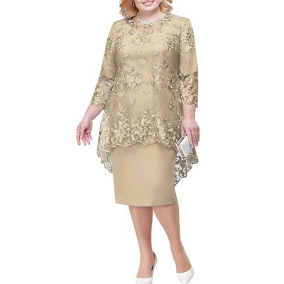 Mother of The Bride Dresses Elegant Lace Embroidered Two Piece Set Dress Plus Size 3/4 Sleeve Evening Party Prom Dress Womens Casual Dresses Beige