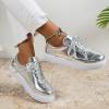 NineFit Basics Sparkly Sneakers for Women,Fashion Sneakers for Women 2024 Glitter Athletic Tennis Walking Shoes Bling Shiny Leather Low Top Tennis Sneakers Breathable Lace Up Comfort Sneakers, 7.5, Silver view 2