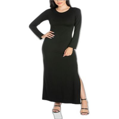 24seven Comfort Apparel Womens Long Sleeve Side Slit Fitted Maxi Dress Black XL